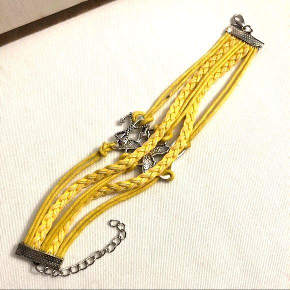 Yellow Braided PU Leather Wrap Charm Bracelet - Picture 2 of 4